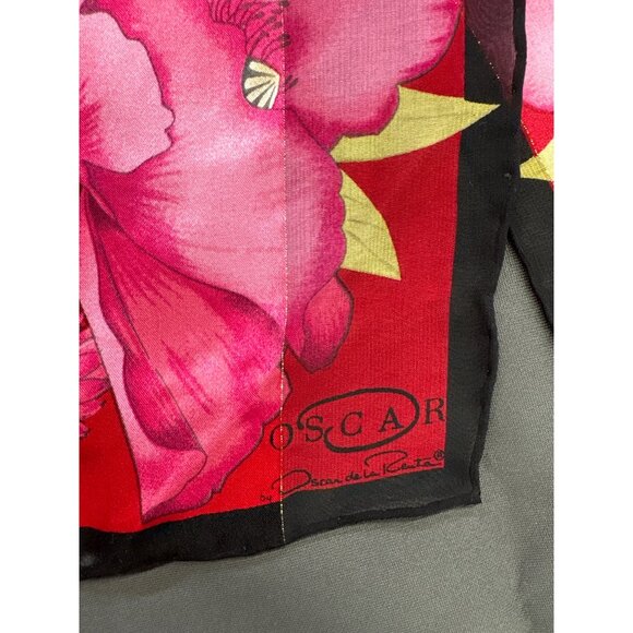 Oscar De La Renta Floral Silk Scarf With Red & Pink Flowers 12"x53" Vintage-Insp - Picture 3 of 4